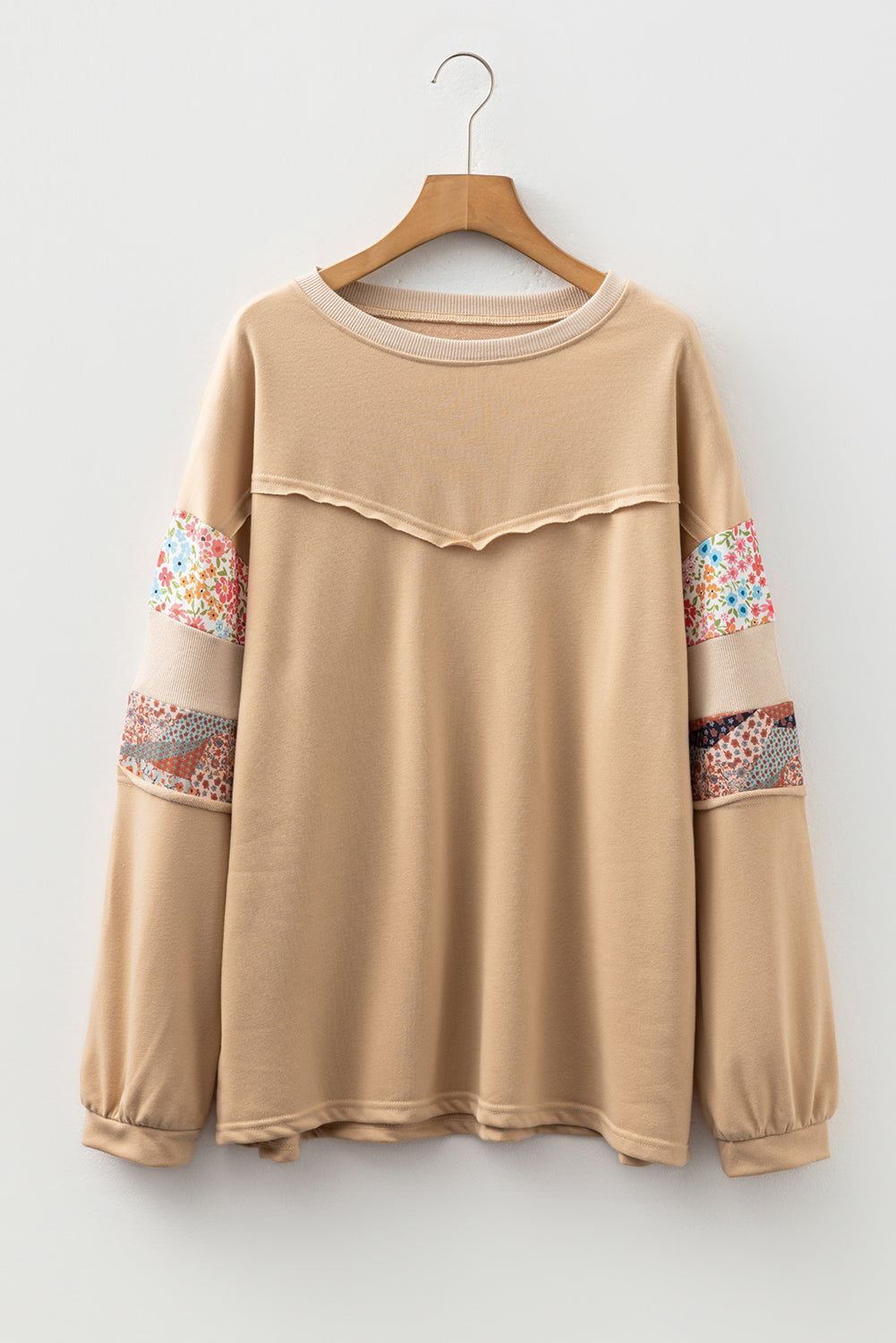 Plus Size Khaki Exposed Seam Relaxed Top With Floral Mixed Patchwork Sleeves