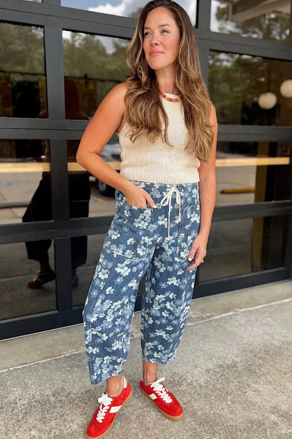 Sky Blue Dainty Floral Print Drawstring Barrel Jeans