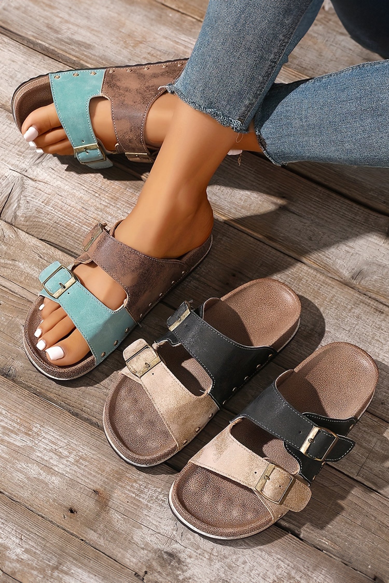 Light Blue Leopard Two-tone Retro Buckle Straps Hollowed Faux Suede Slippers