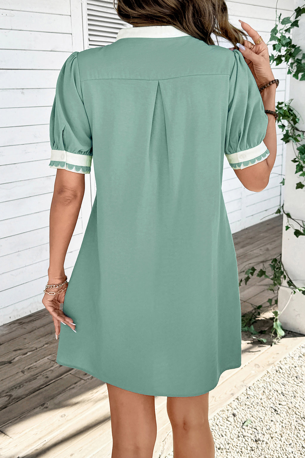 Canton Mini Dress With Scallop Color Block Trim & Puff Sleeves
