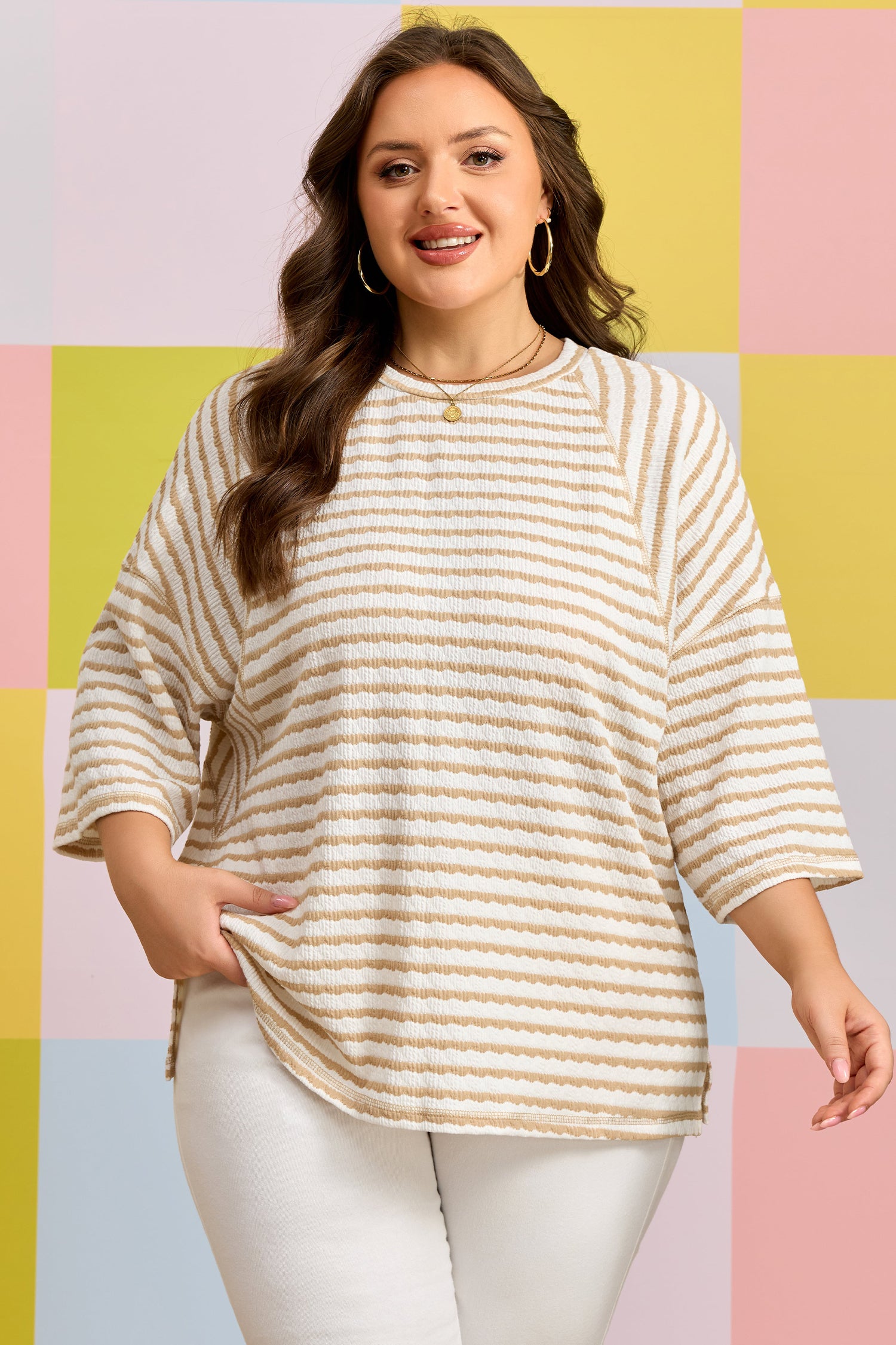 Plus Size Apricot Stripe Textured Patchwork Detail Half Sleeve Top