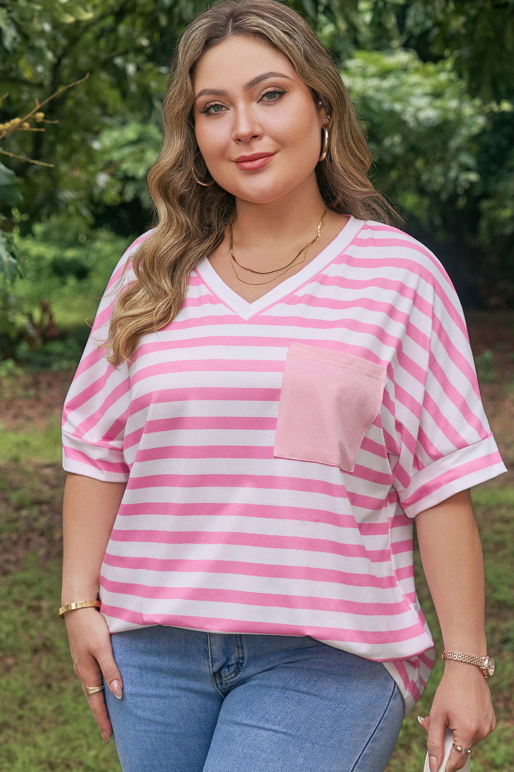 Plus Size Pink Stripe Colorblock Patched Pocket V Neck Tee