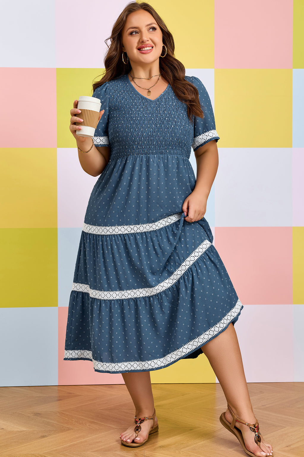 Plus Size Dusk Blue V-Neck Flared Midi Dress With Swiss Dot & Lace Patchwork Detail