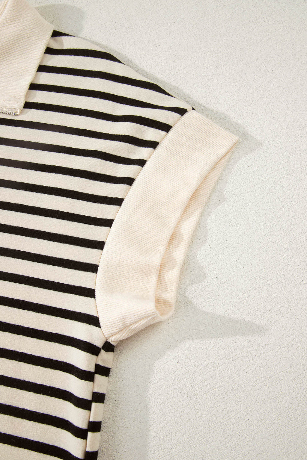 Black Stripe Ribbed With Color Block Trim Zip Polo Tee & Drawstring Shorts 2pcs Outfit