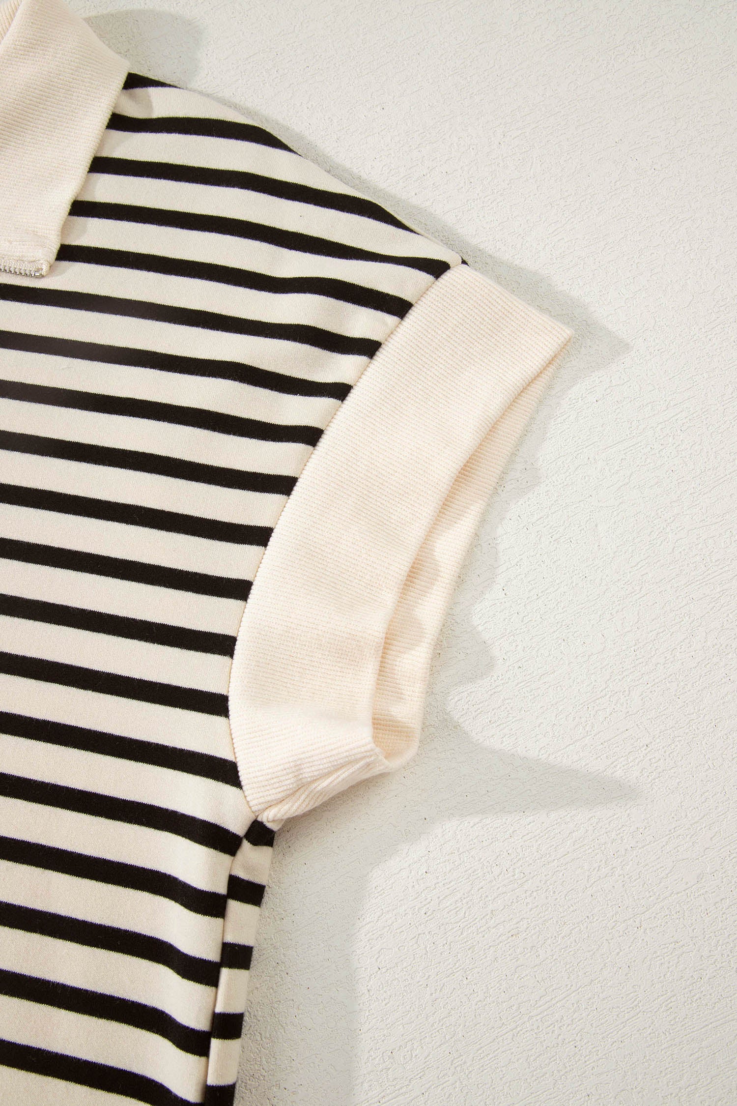Black Stripe Ribbed With Color Block Trim Zip Polo Tee & Drawstring Shorts 2pcs Outfit