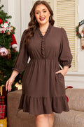 Plus Size Coffee V-Neck Mini Dress With Puff Sleeves & Frilled Trim
