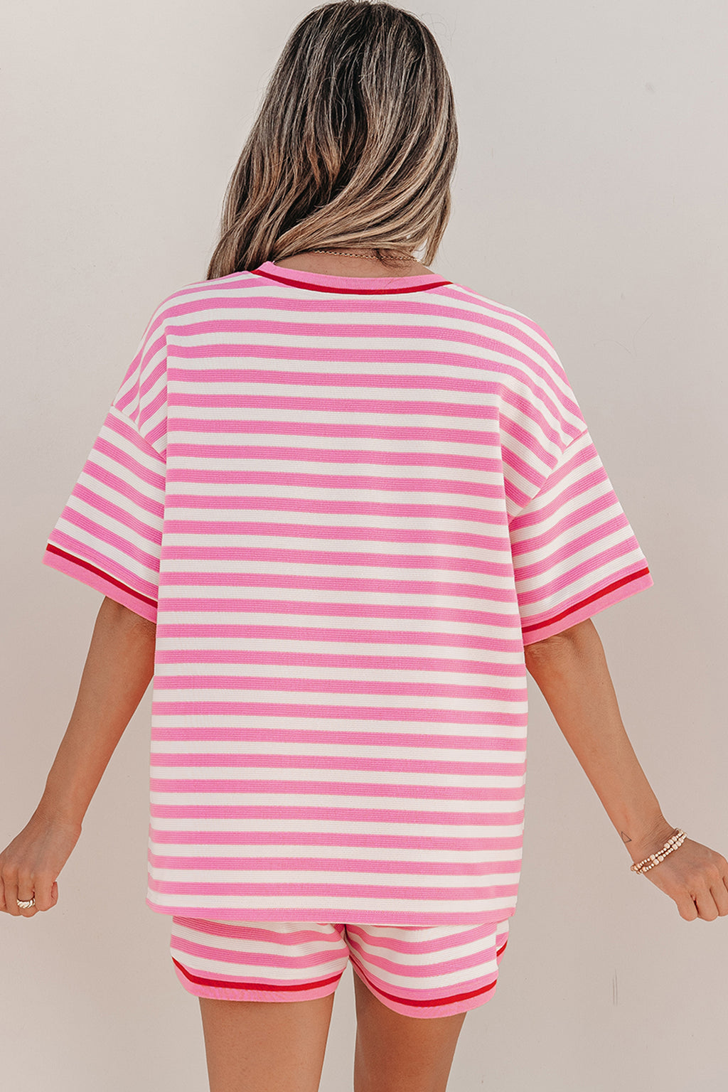 Pink Stripe Short Sleeve Top & Loose Shorts 2pcs Casual Outfit