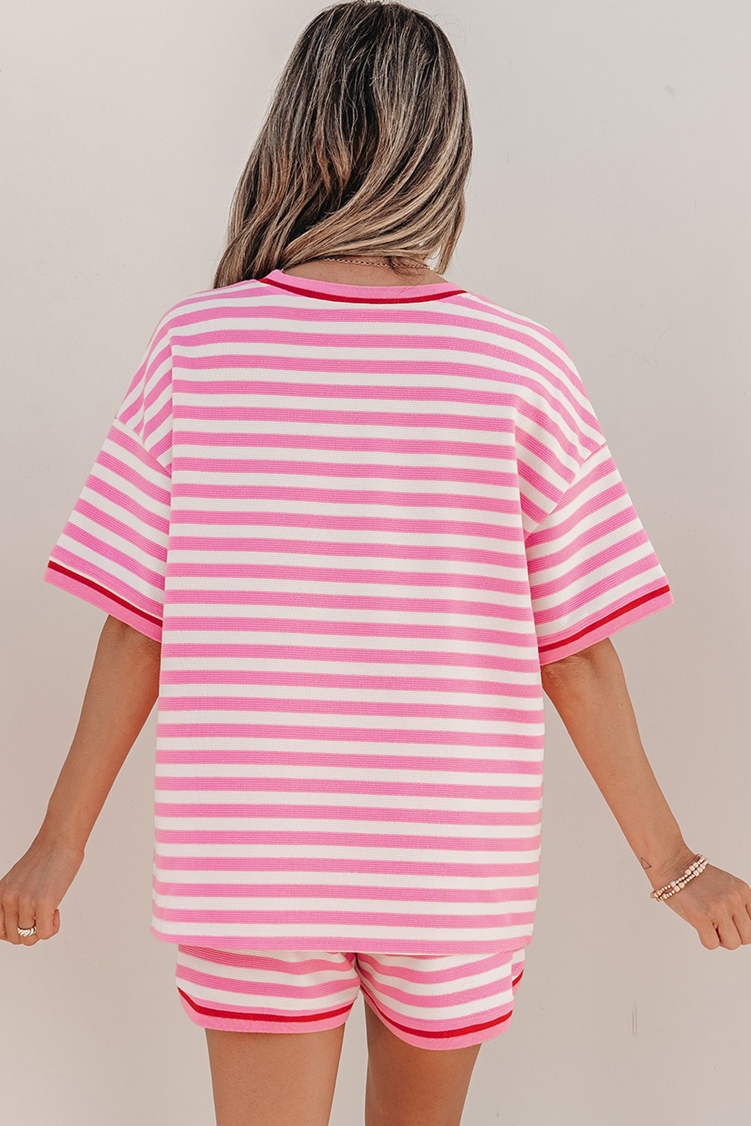 Pink Stripe Short Sleeve Top & Loose Shorts 2pcs Casual Outfit