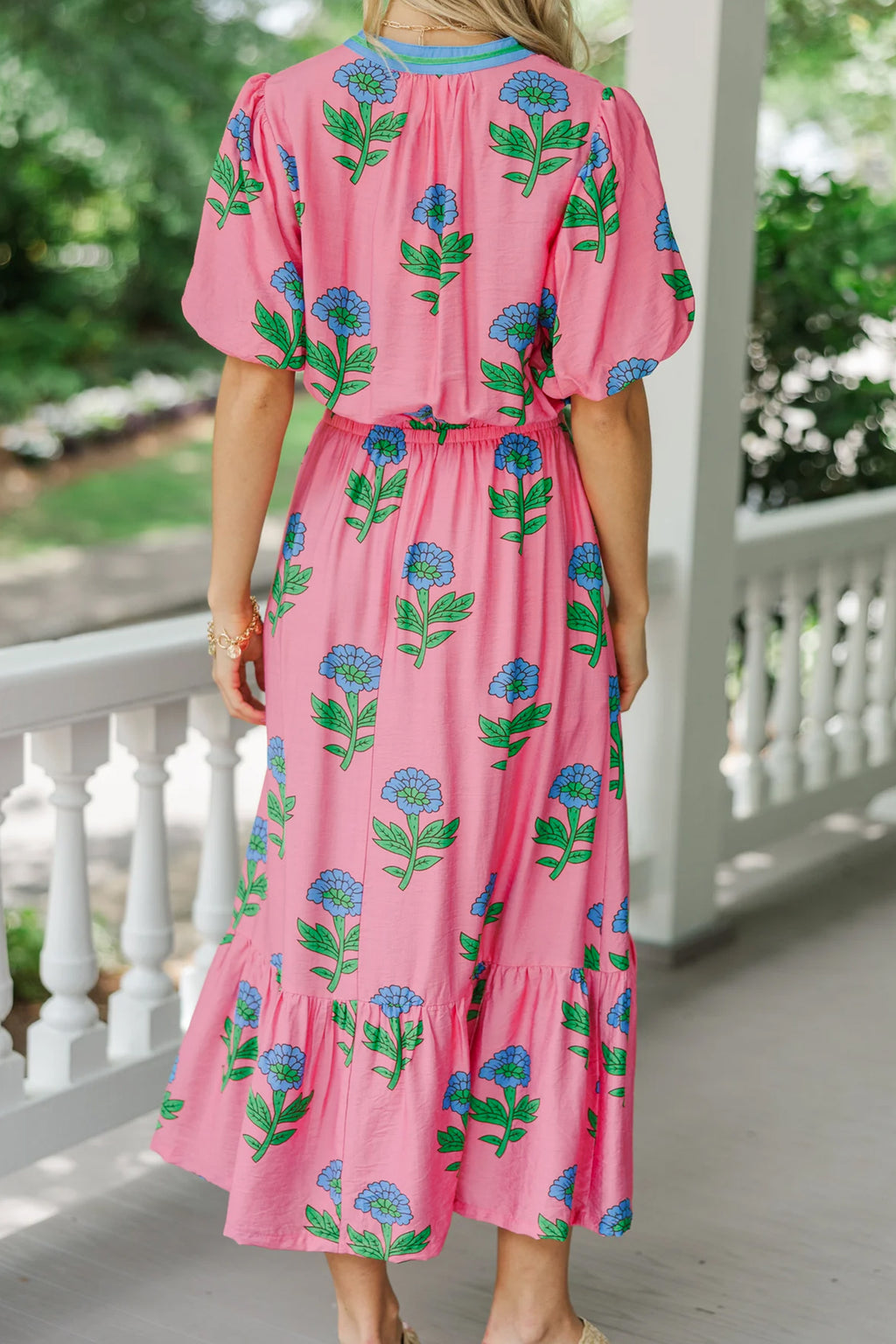 Plus Size Pink Floral V-Neck Ruffled Maxi Dress