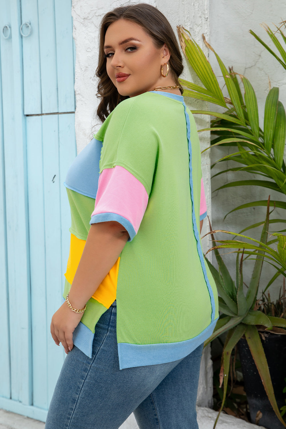 Plus Size Color Block Exposed Seam Patchwork Tee