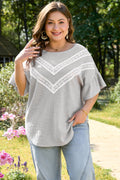 Plus Size Light Grey With Lace Insert Ruffle Short Sleeve Waffle Top