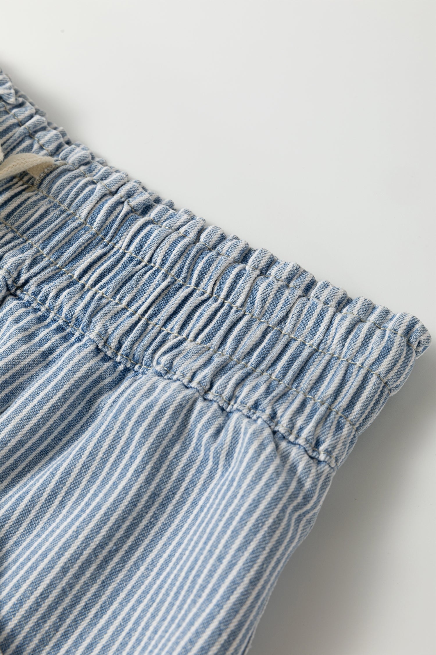 Sky Blue Stripe & Raw Edge Denim Shorts With Elastic Drawstring Waist