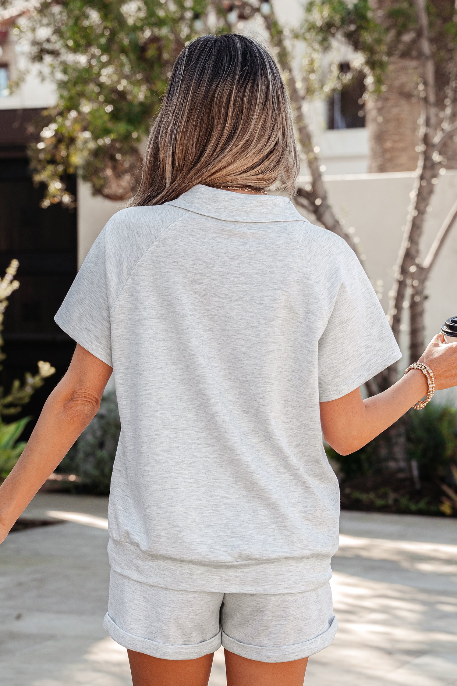 Light Grey Collared V-Neck Tee & Elastic Waste Drawstring Shorts 2pcs Outfit