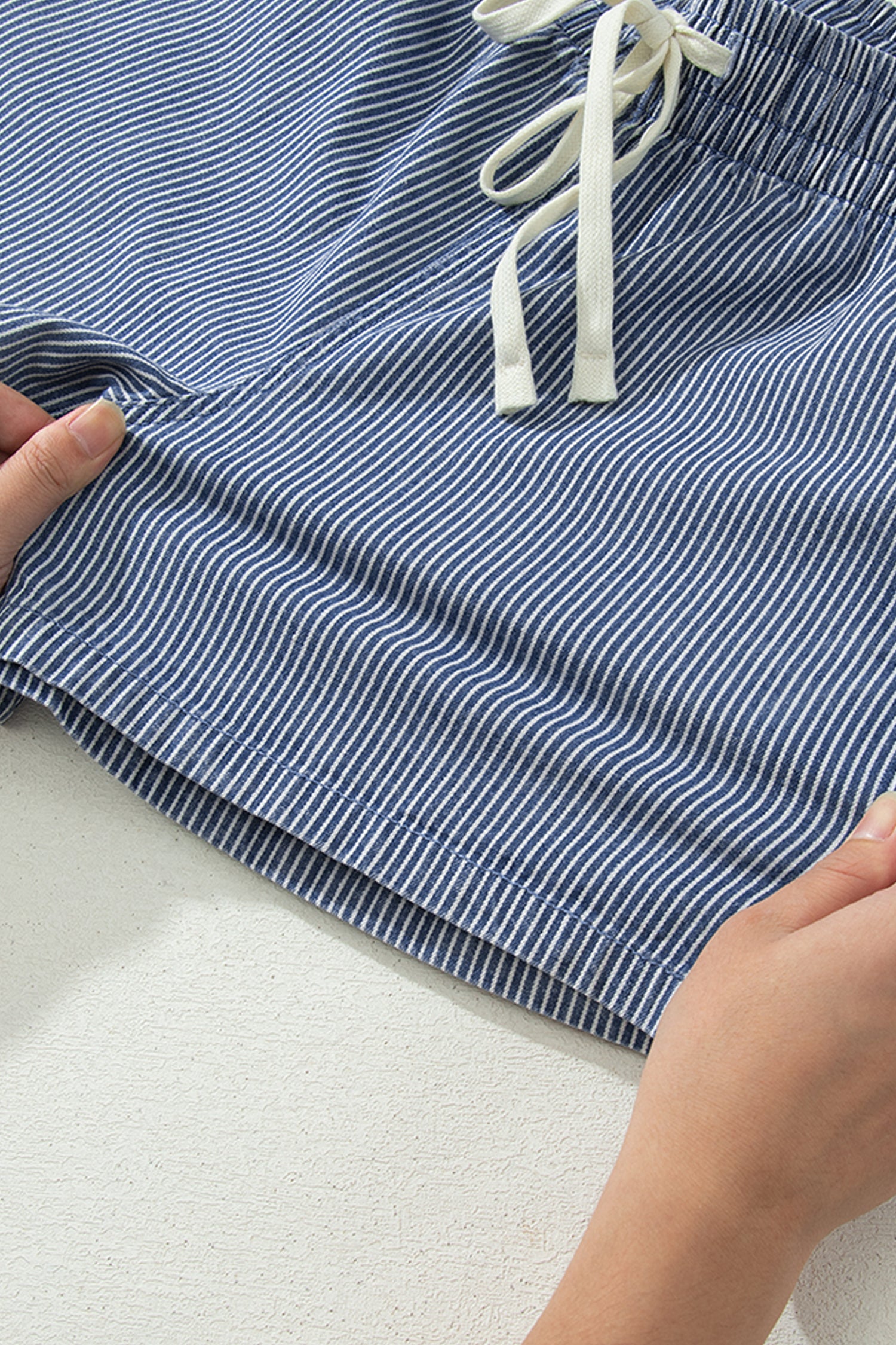 Blue Stripe Casual Denim Shorts With Drawstring Elastic Waist