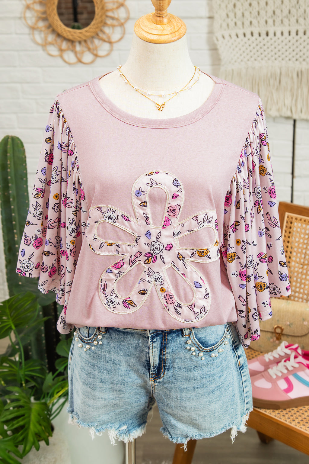 Flowy Pink Floral Patched Half Sleeve Blouse