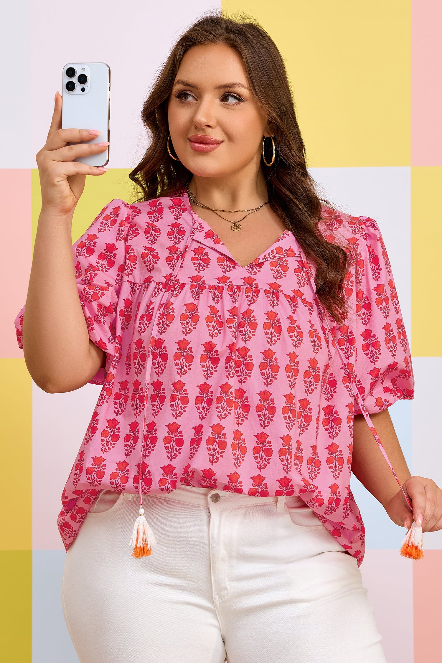 Plus size Pink Floral Print Cotton Blouse with Tassel Tie & Puff Sleeves
