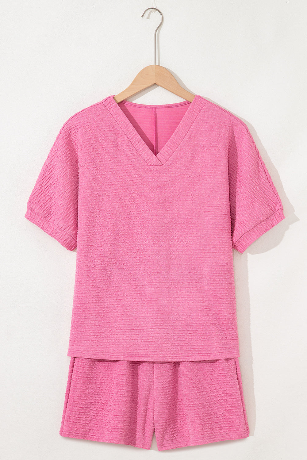 Pink Textured V-Neck Tee and Shorts Set