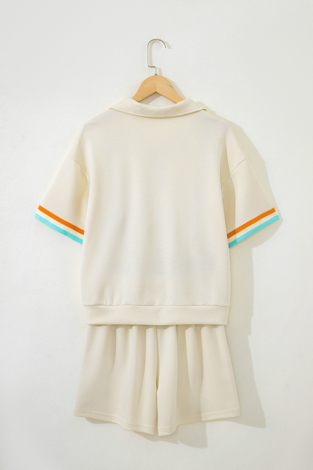 Apricot Colorful Striped Half Zip Polo Tee & Loose Shorts 2pc Set