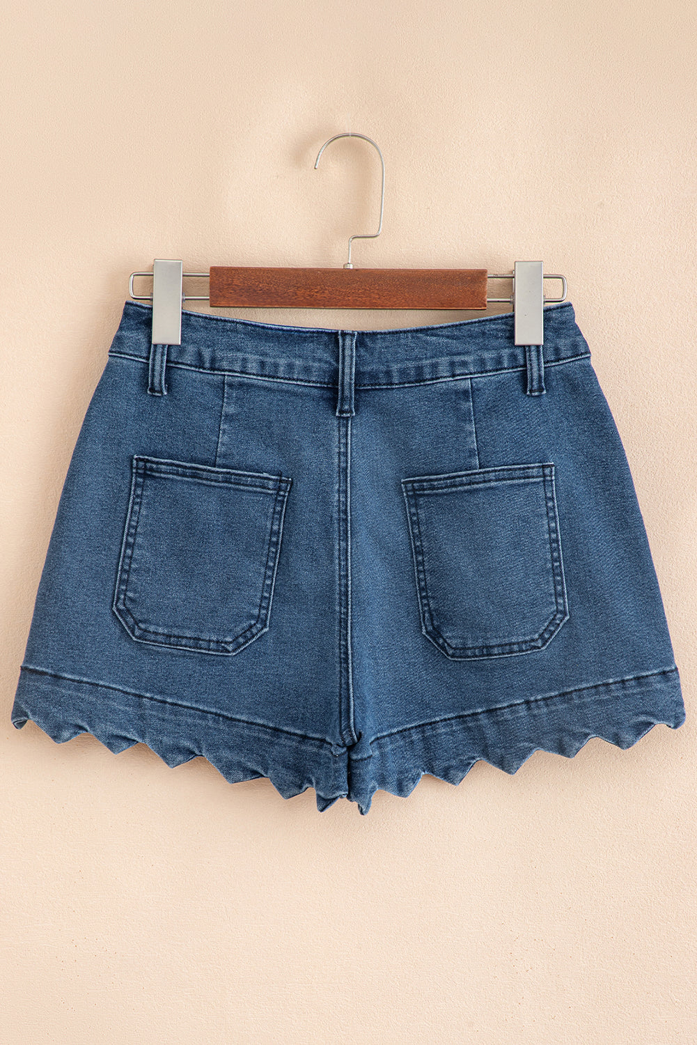 High Waste Sail Blue Acid Wash Denim Shorts With Scalloped Hemline