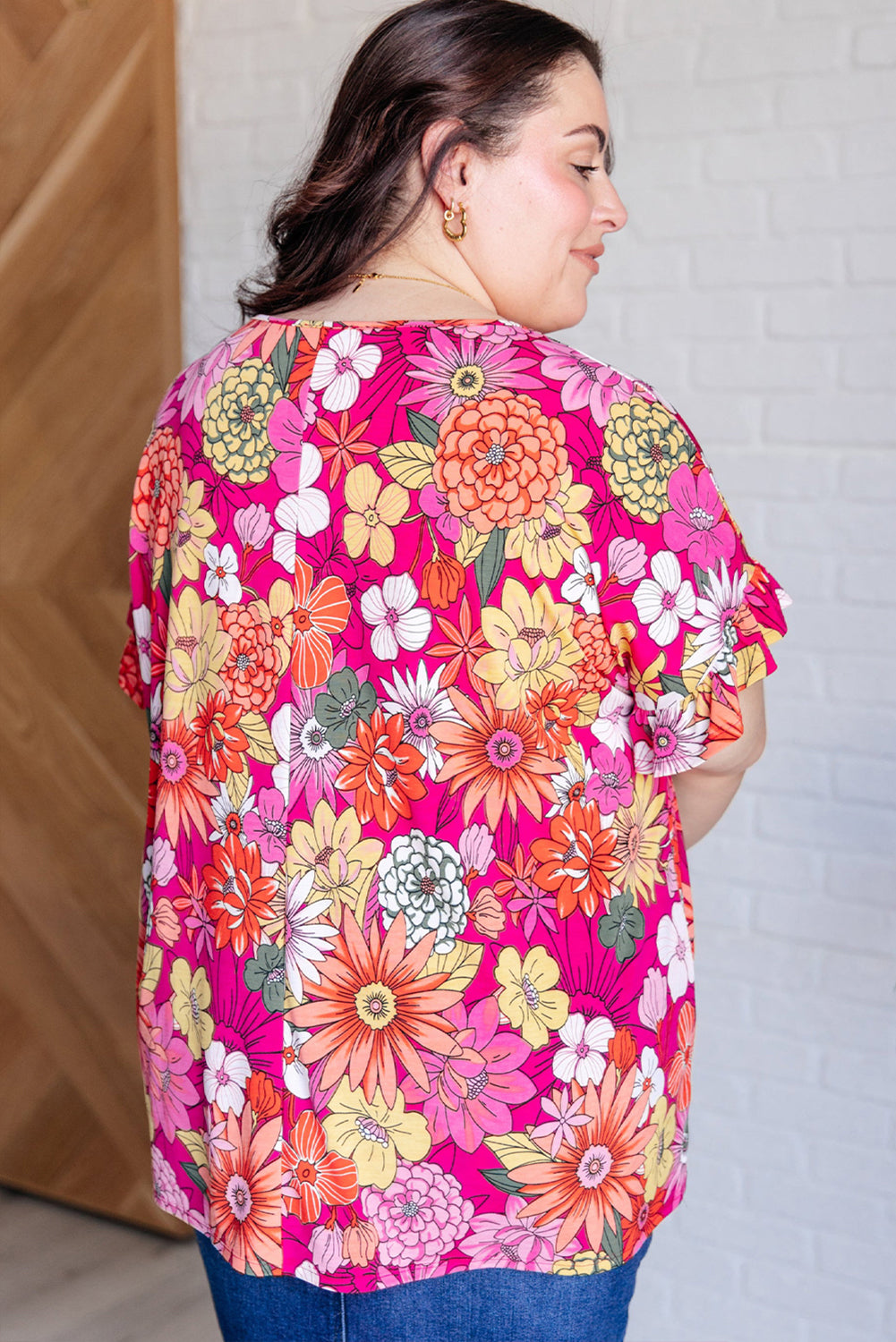 Plus Size Pink Floral Print Short, Ruffle Sleeve Blouse