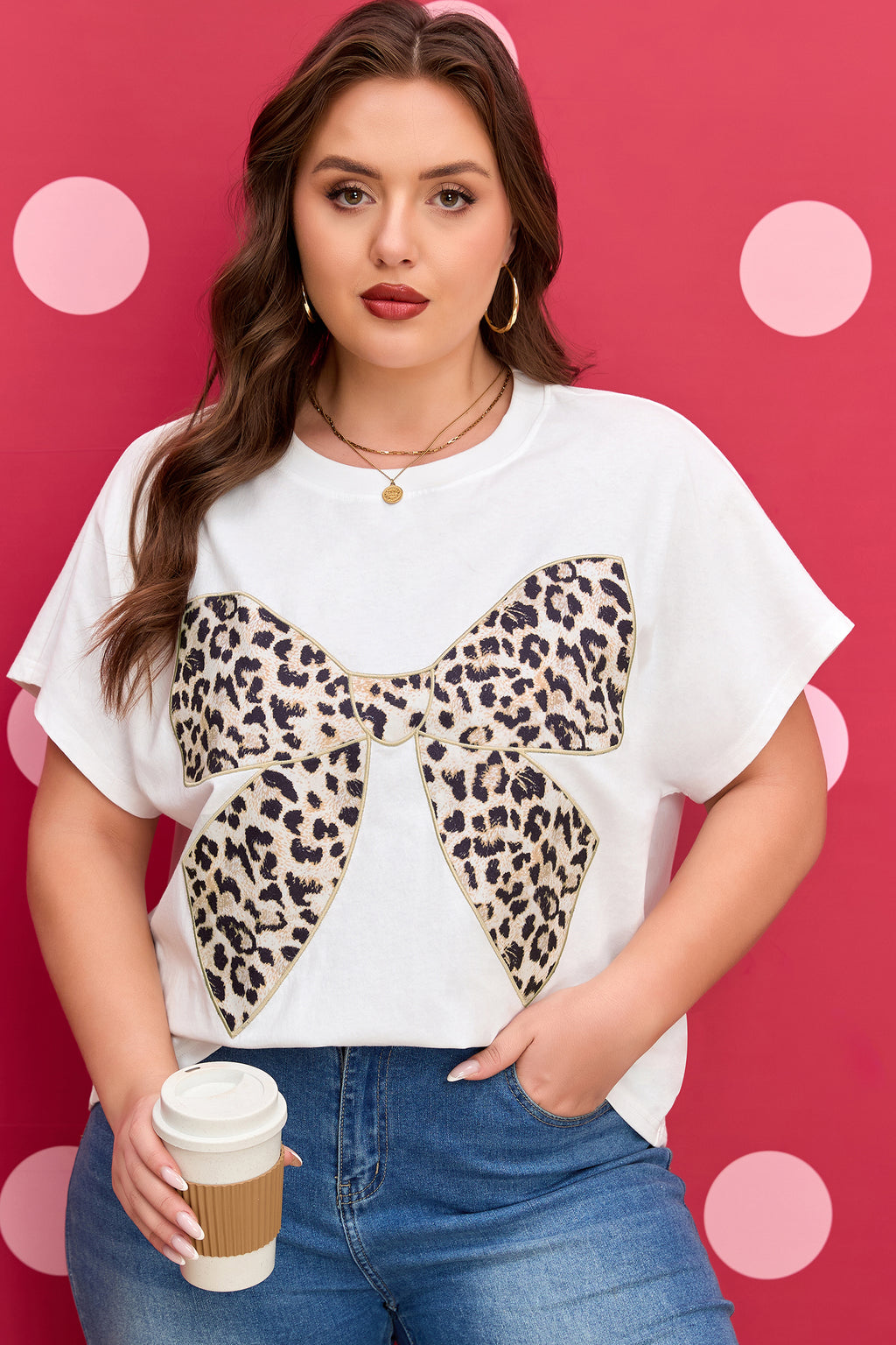 Plus Size White With Embroidered Patch Leopard Bow Tee