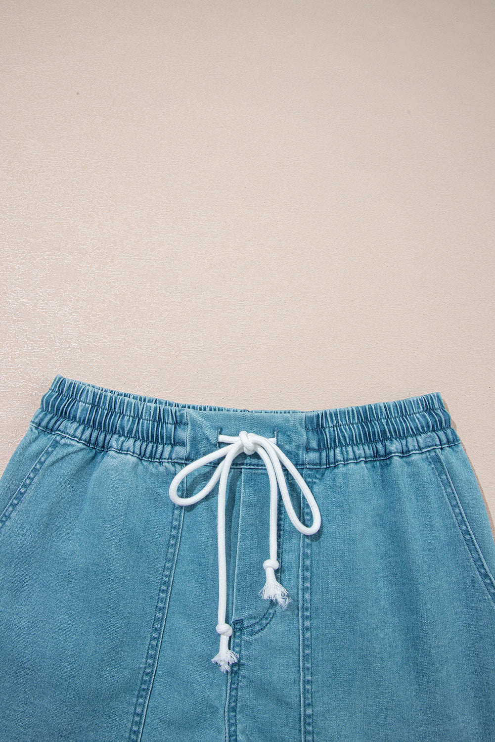Beau Blue Elastic Waistband Denim Shorts With Drawstring
