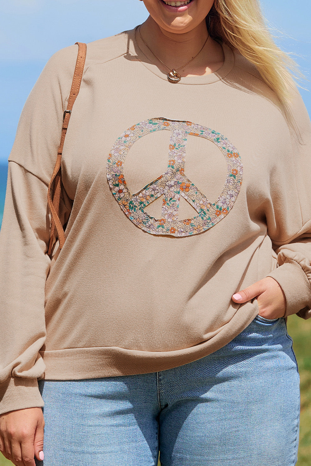 Plus Size Khaki Peace Sign Washed Terry Graphic Sweatshirt