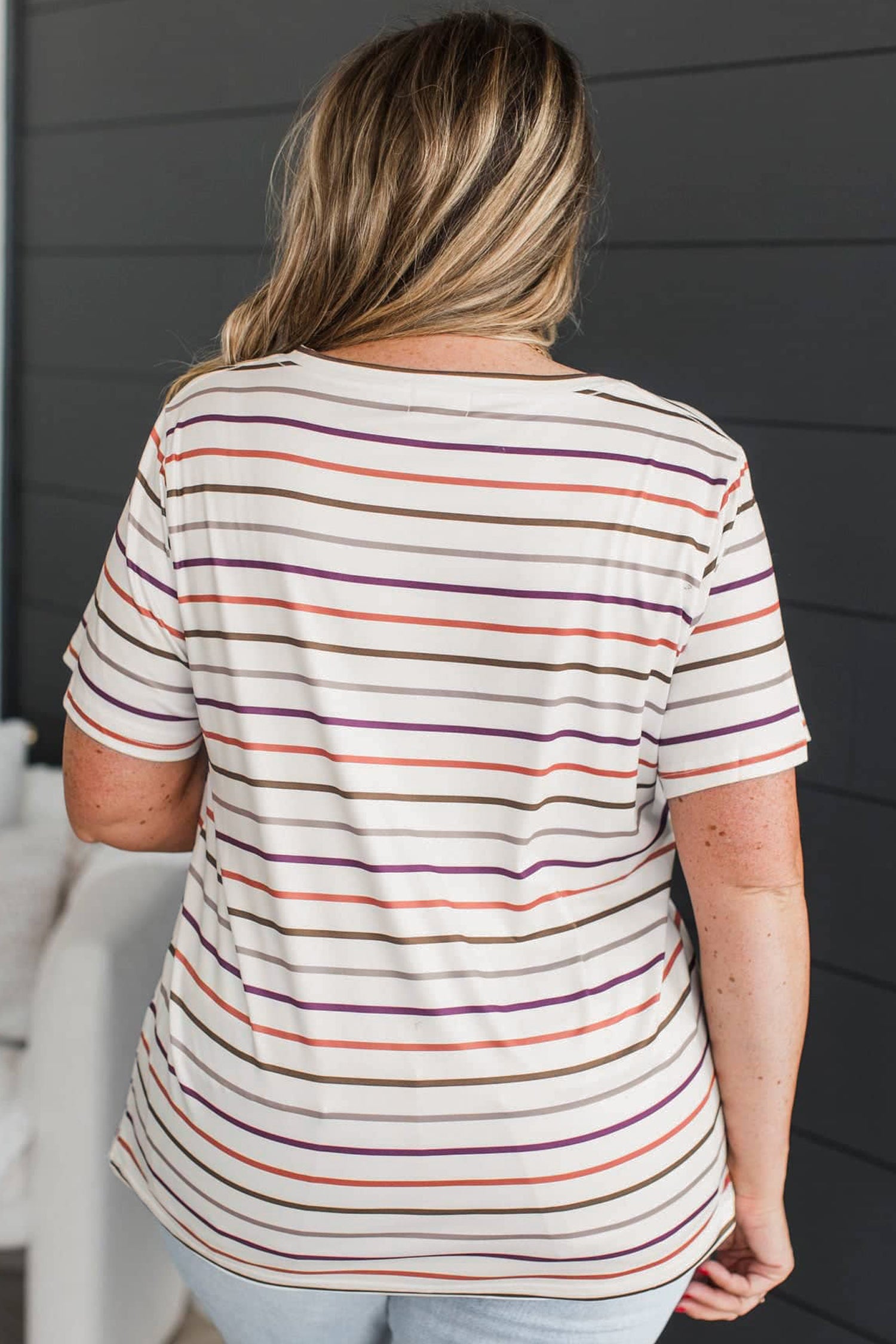 Plus Size White Stripe V-Neck Casual Tee