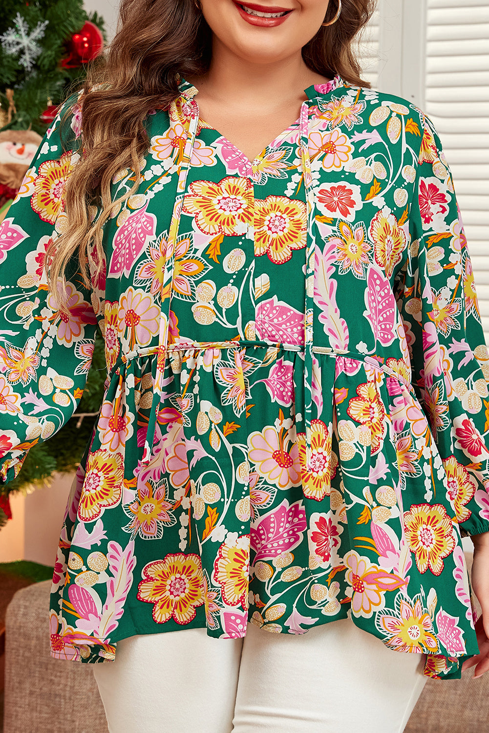 Plus Size Green Floral Print Long Sleeve V-Neck Babydoll Top