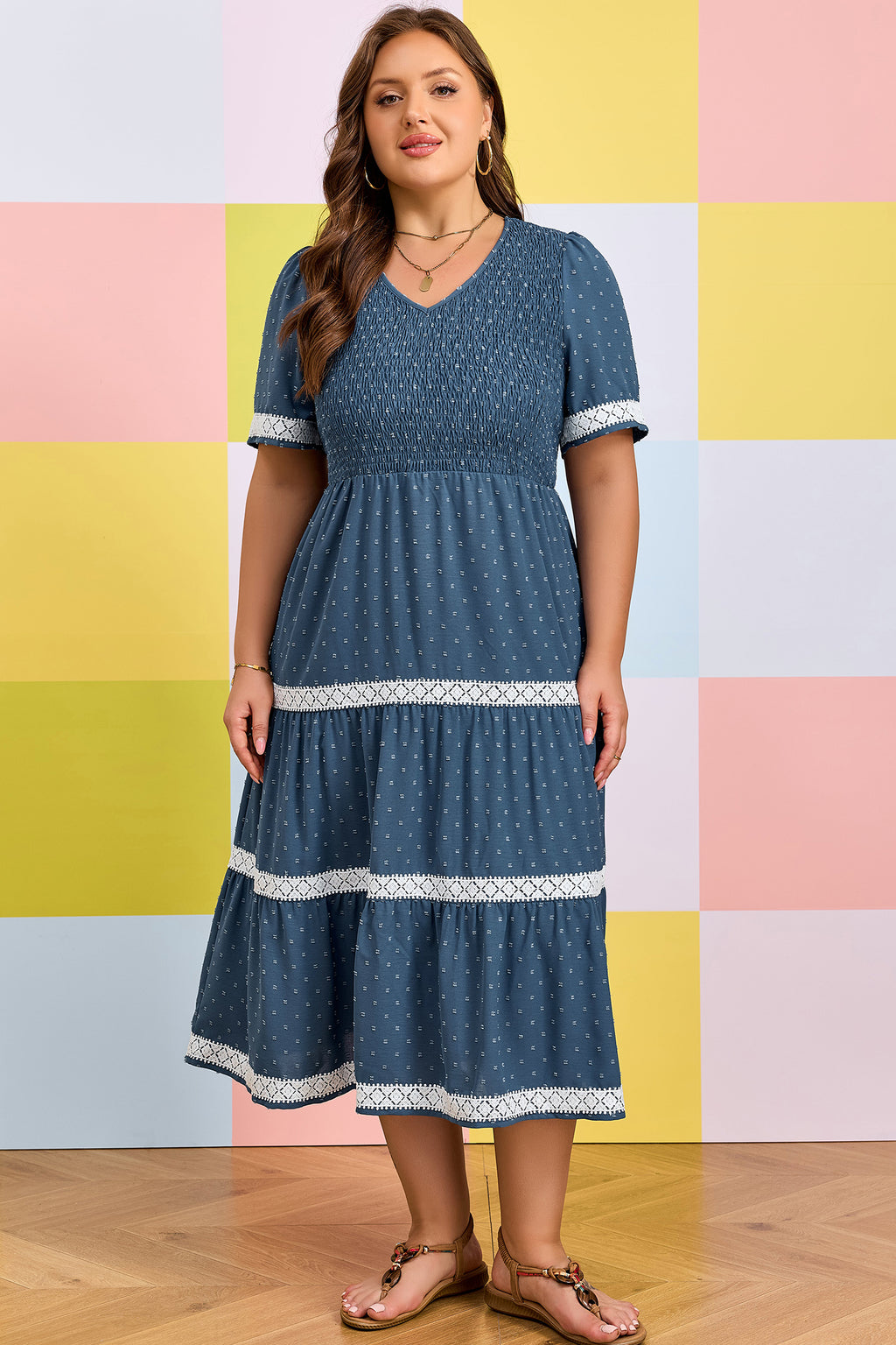 Plus Size Dusk Blue V-Neck Flared Midi Dress With Swiss Dot & Lace Patchwork Detail