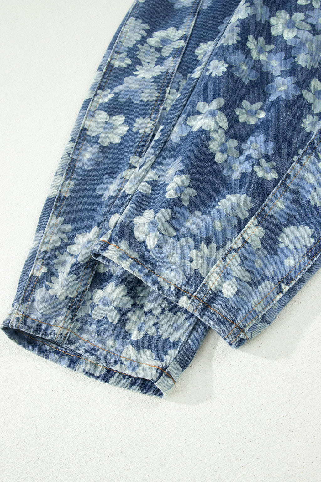 Sky Blue Dainty Floral Print Drawstring Barrel Jeans