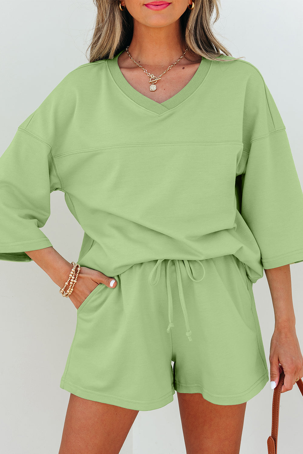 Meadow Mist Green V-Neck Half Sleeve Tee and Shorts 2pc Set