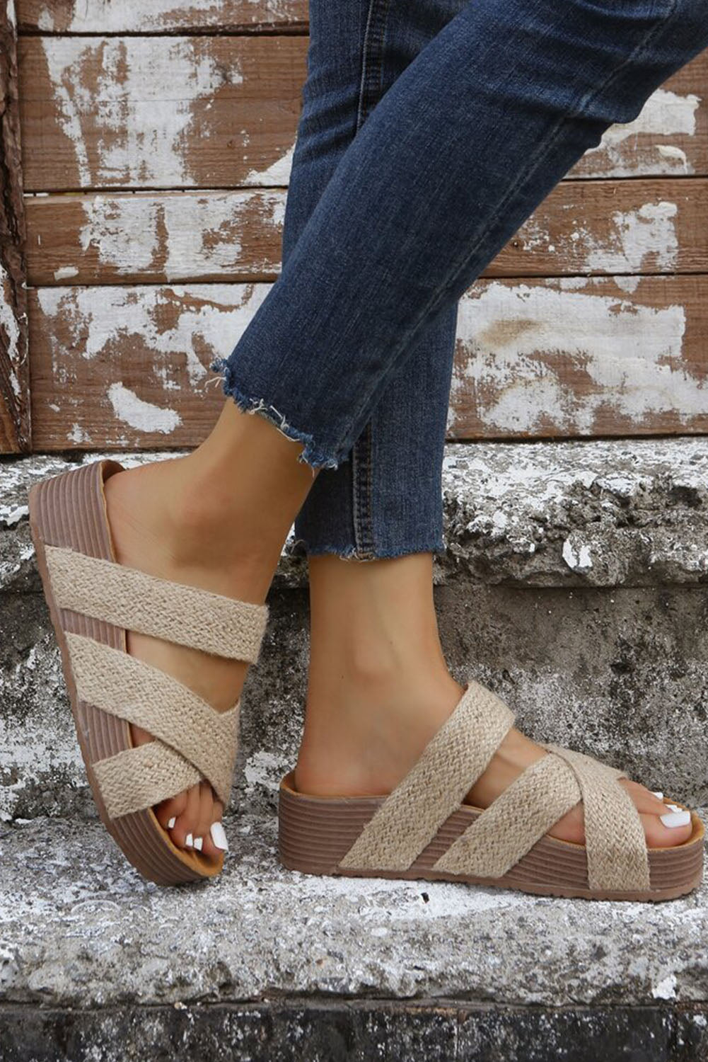 Beige Woven Criss Cross Hollowed Slip-On Slippers
