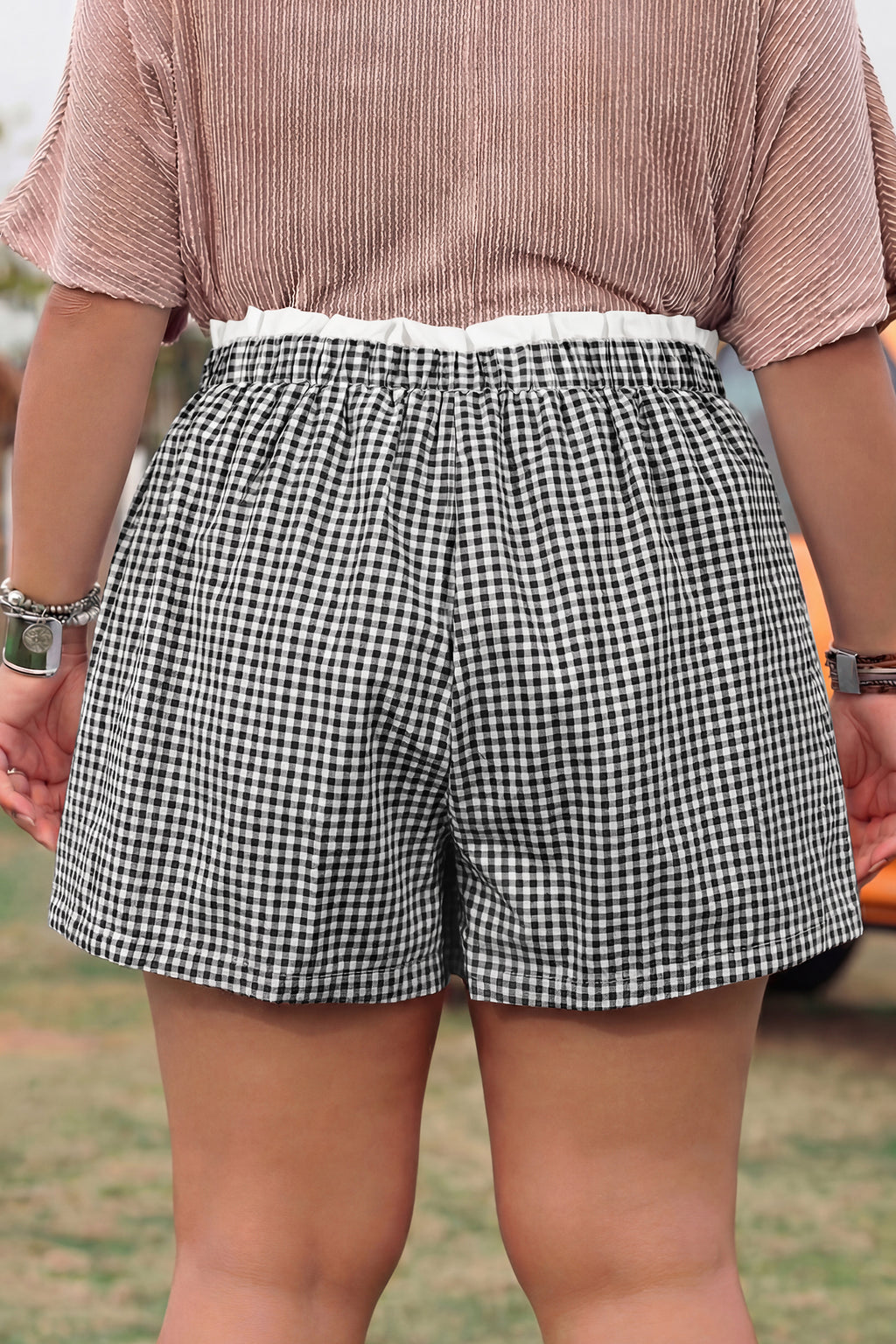 Plus Size Black Plaid Print Shorts With Contrast Trim