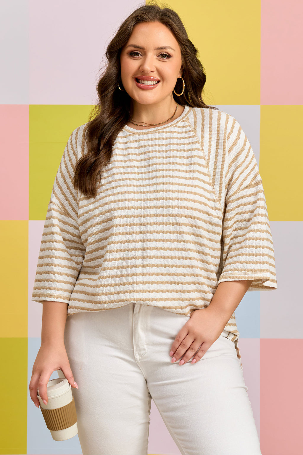Plus Size Apricot Stripe Textured Patchwork Detail Half Sleeve Top