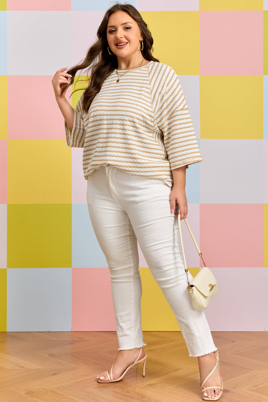 Plus Size Apricot Stripe Textured Patchwork Detail Half Sleeve Top