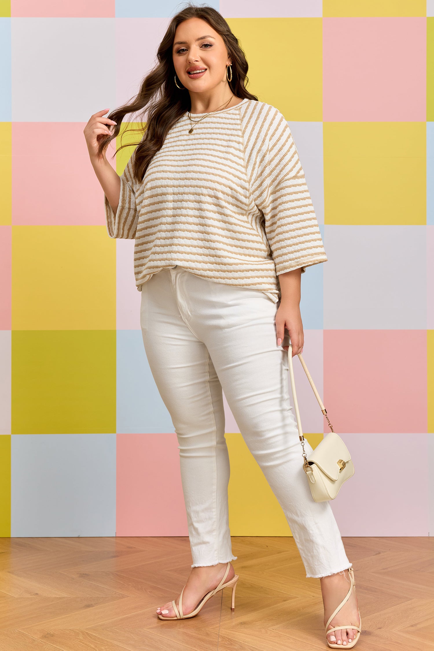 Plus Size Apricot Stripe Textured Patchwork Detail Half Sleeve Top