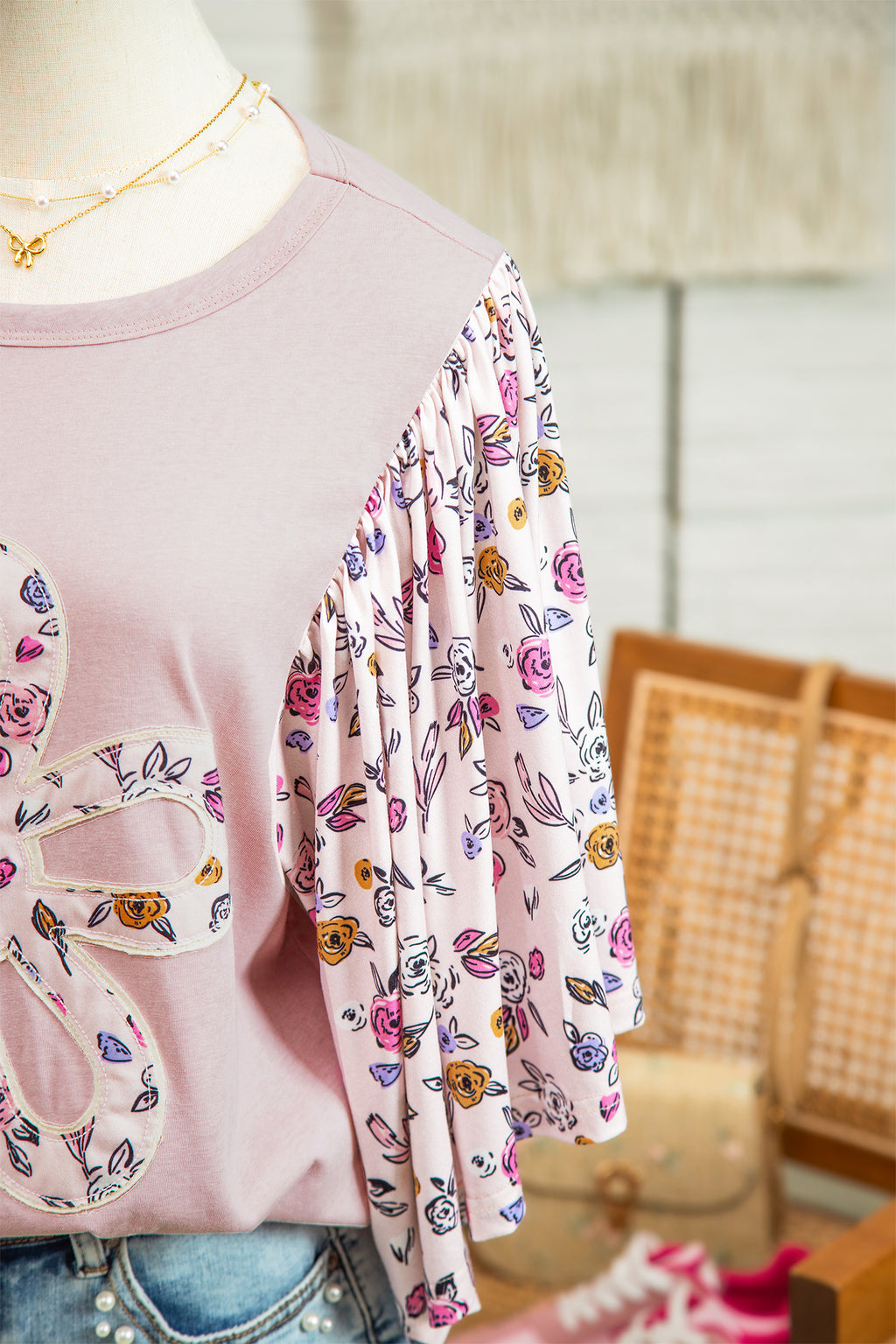 Flowy Pink Floral Patched Half Sleeve Blouse