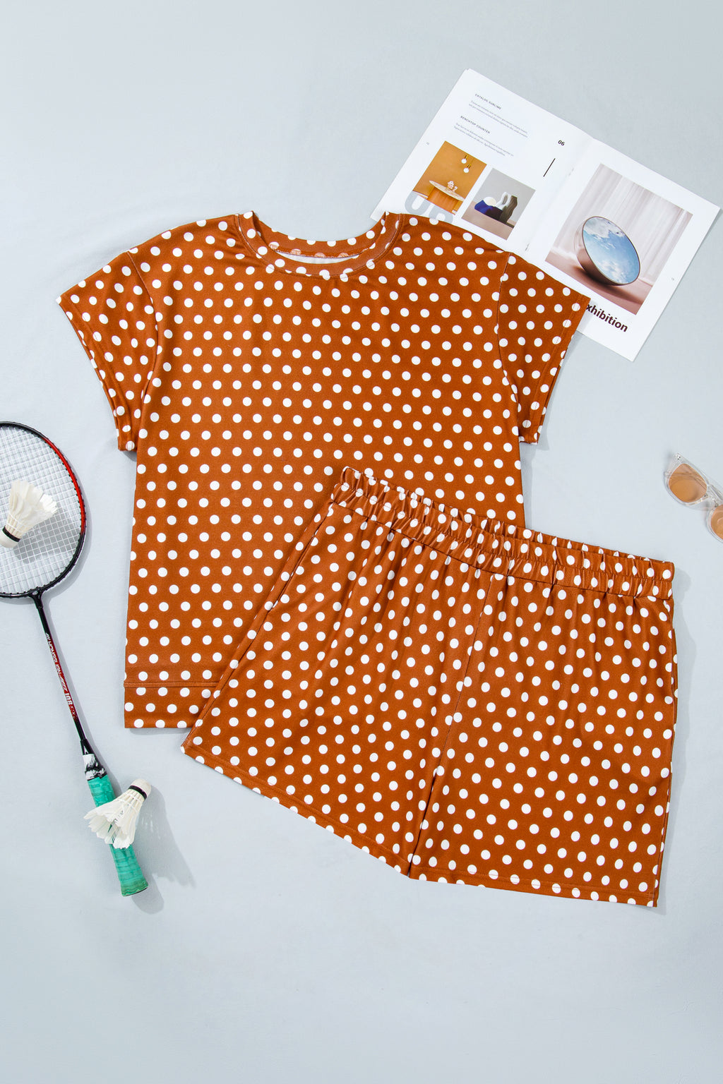 Plus Size 2pc Brown Polka Dot Print Dropped Shoulder Tee & Shorts Set