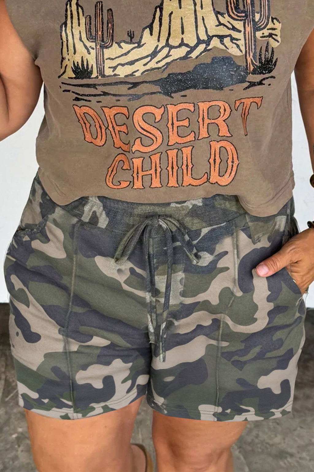 Plus Size Green Tie Waist Pocketed Camo Shorts