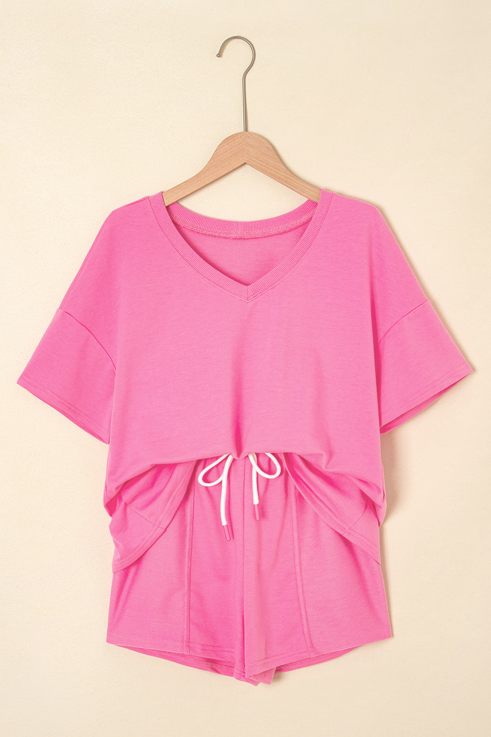 Bonbon V-Neck Drop Shoulder Tee & Patchwork Elastic Waistband Shorts With Drawstring 2pc Set