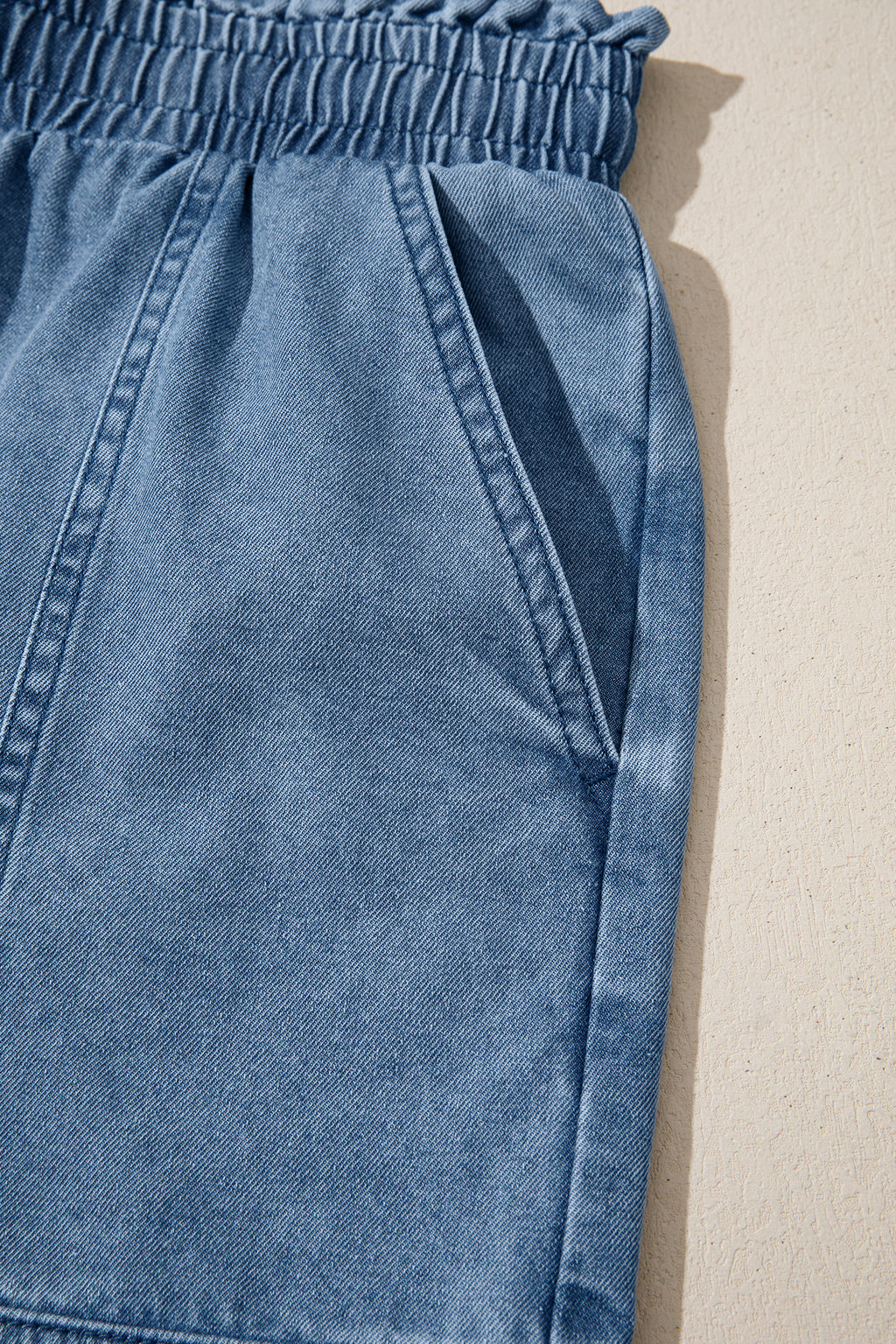 Dusk Blue Smocked Denim Shorts With Elastic Waist