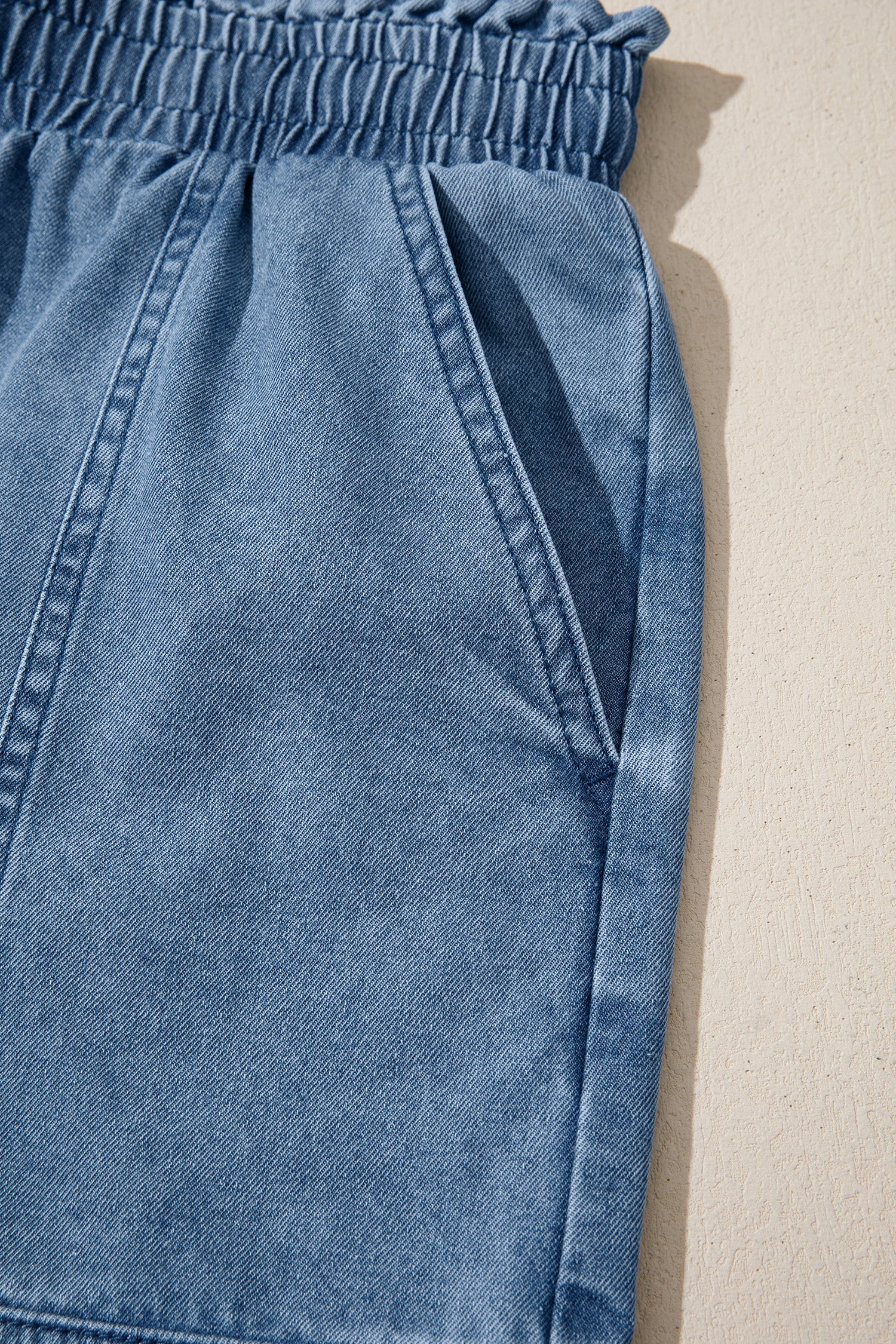 Dusk Blue Smocked Denim Shorts With Elastic Waist