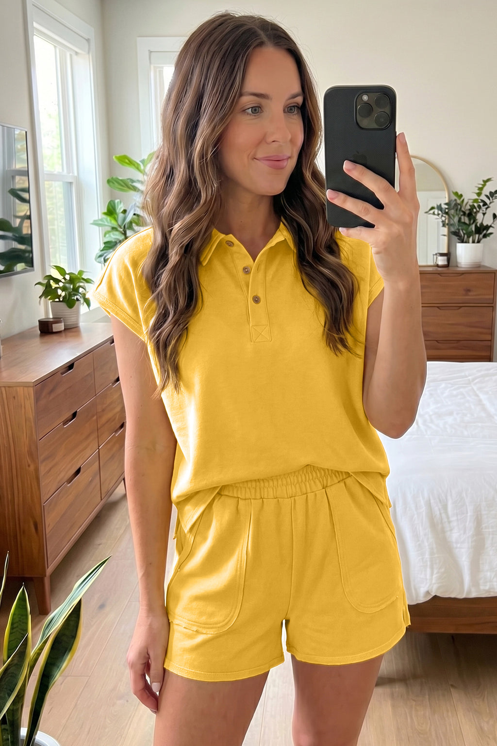 Banana Cream Loose Polo Tee & Elastic Waist Shorts Set