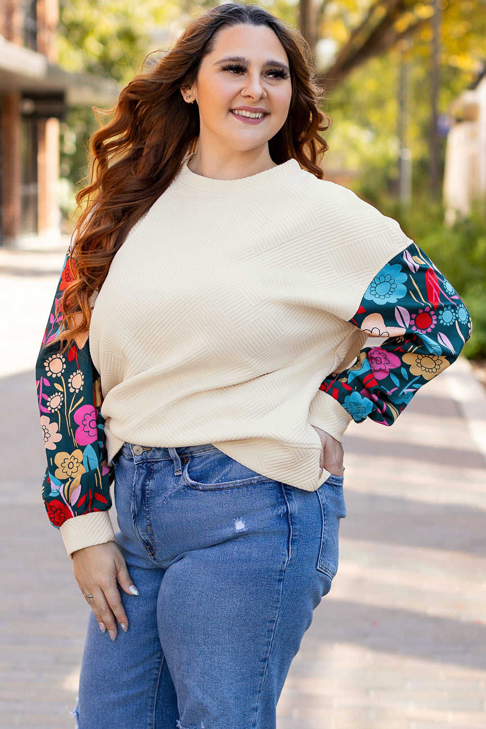 Plus Size White With Floral Patchwork Sleeves Pullover Top