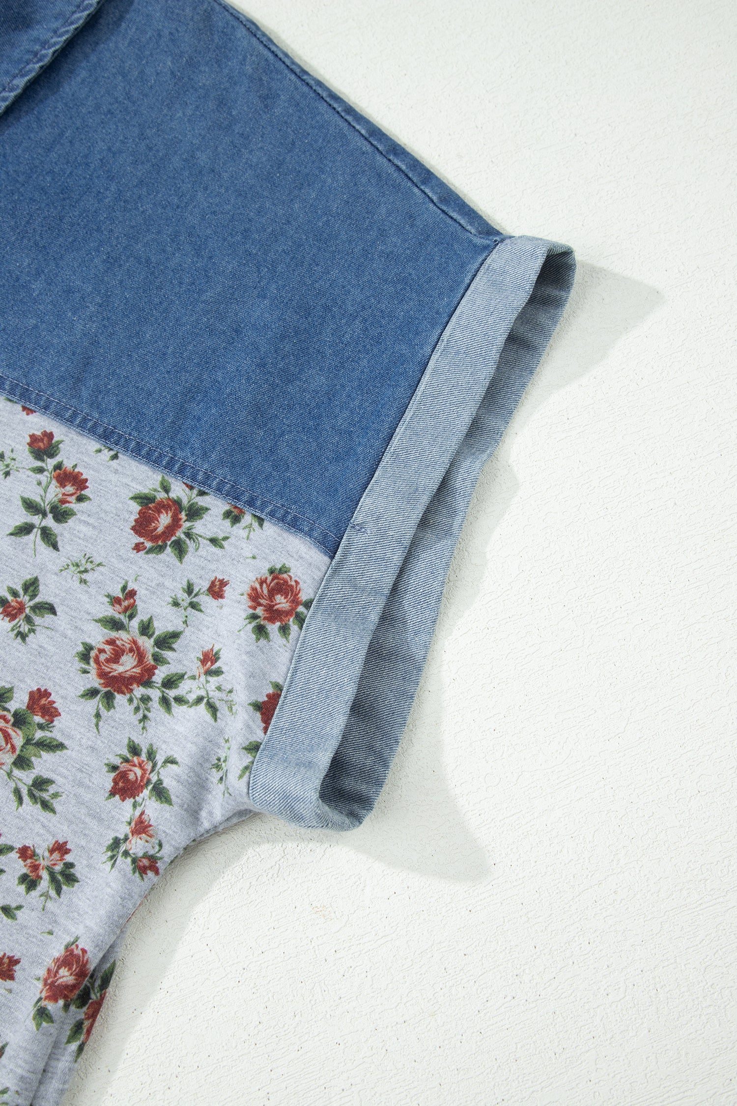Plus size Gray Retro Floral Print & Denim Patchwork Polo Tee