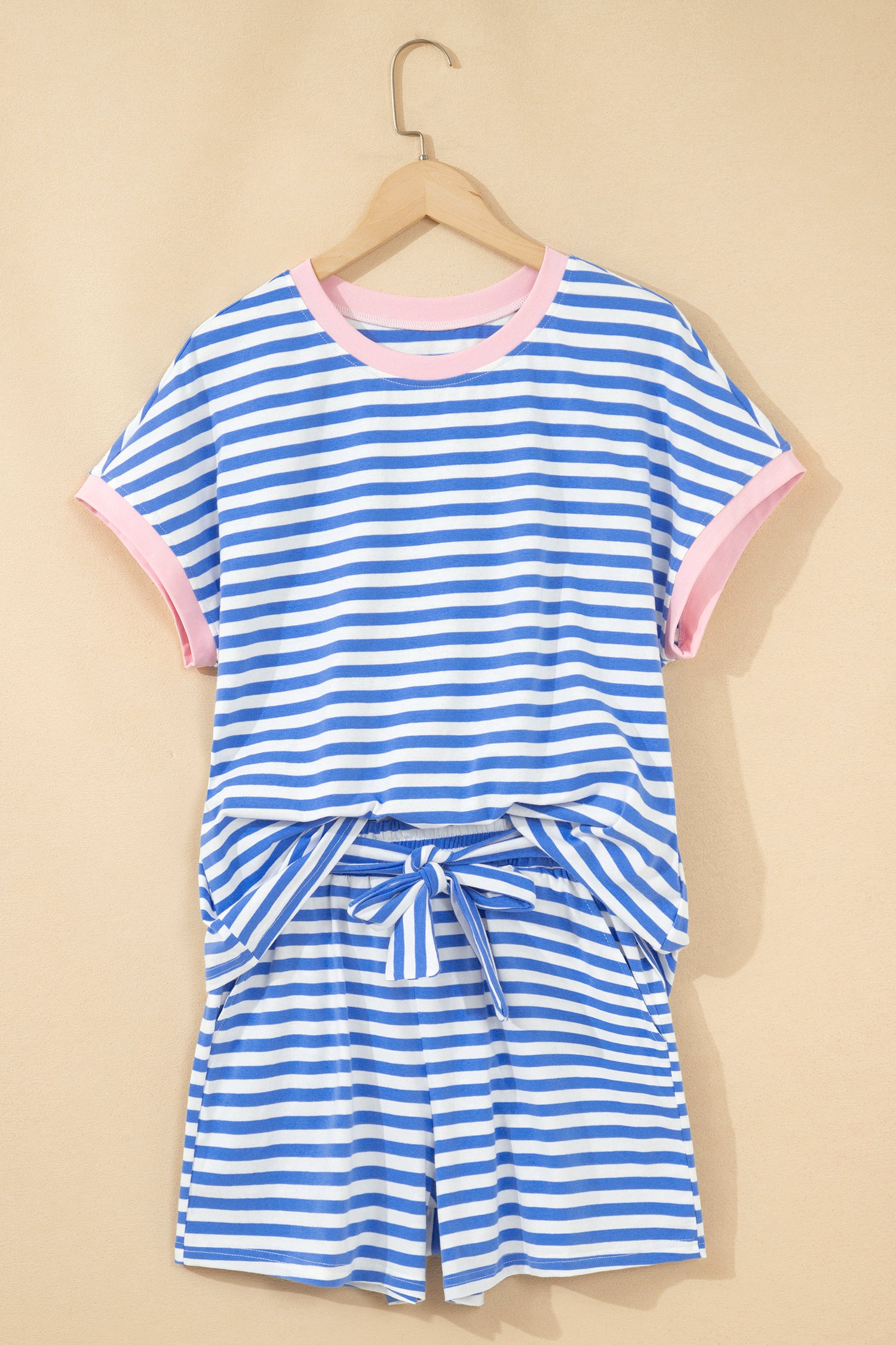 Sky Blue Stripe Contrast Trim Crew Neck Tee & Knot Shorts 2pc Set
