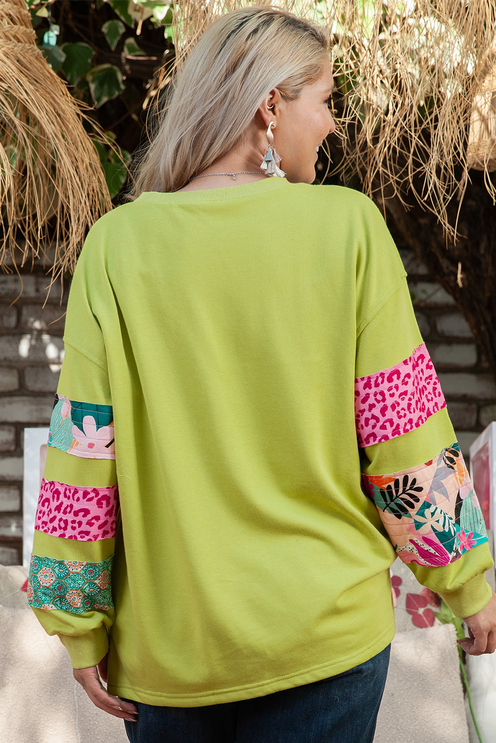 Plus Size Green Patchwork Sleeve Sweatshirt