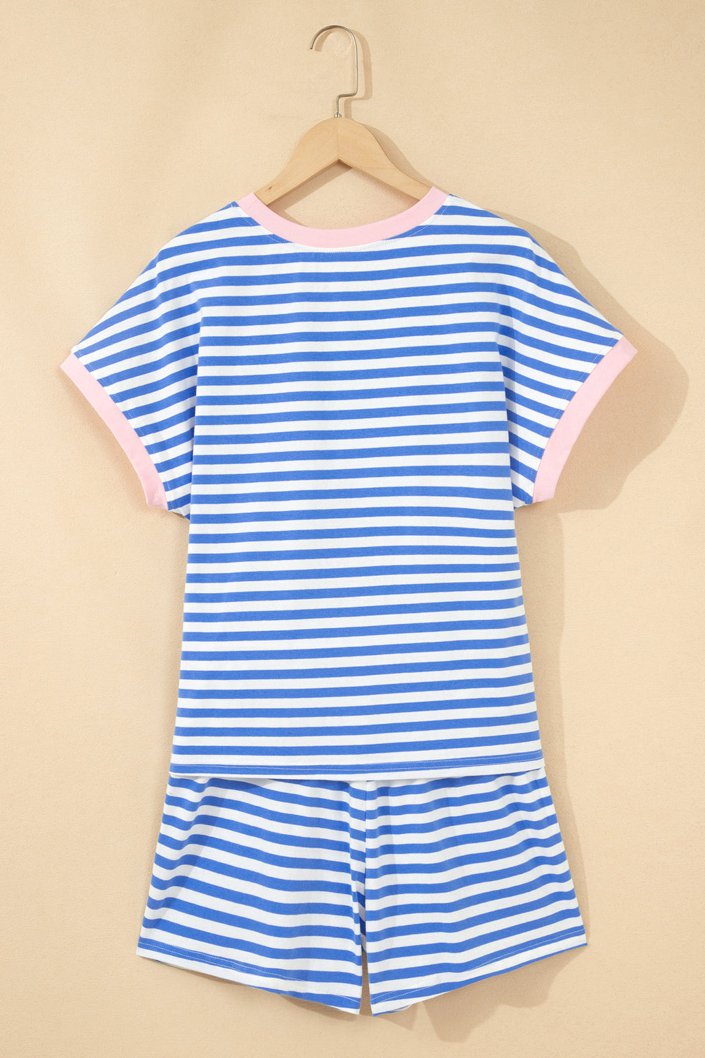 Sky Blue Stripe Contrast Trim Crew Neck Tee & Knot Shorts 2pc Set