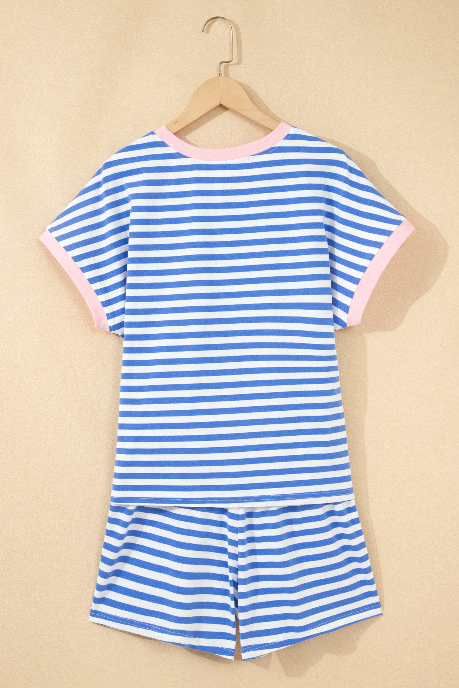 Sky Blue Stripe Contrast Trim Crew Neck Tee & Knot Shorts 2pc Set